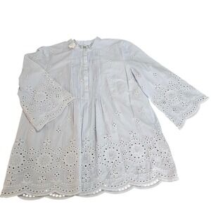 Brooks Brothers All Over Eyelet Pintuck Tunic Shirt L Light Blue Cotton Boho